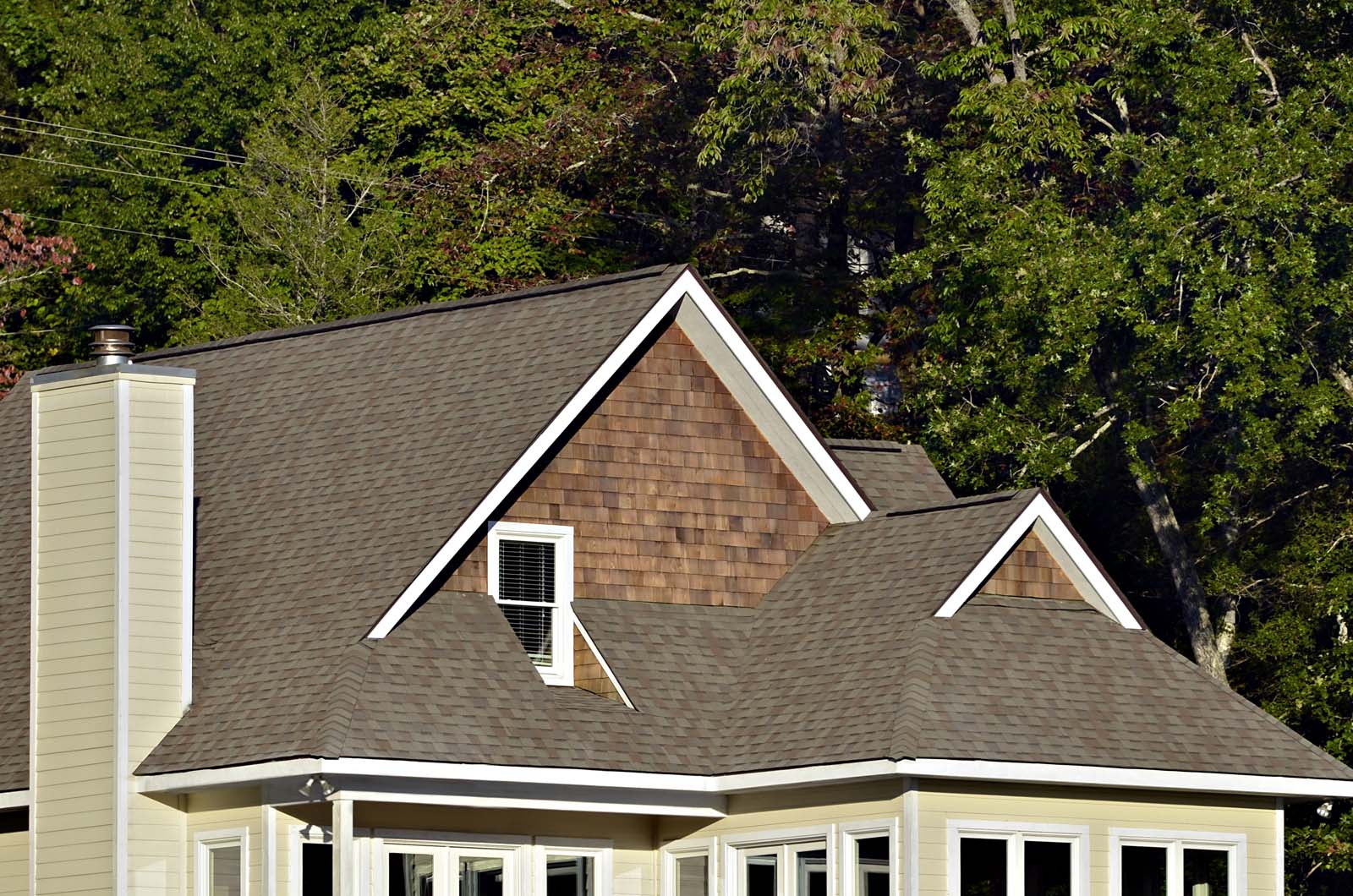 House roof with brown shingles, beige siding, a chimney, and surrounded by green trees.