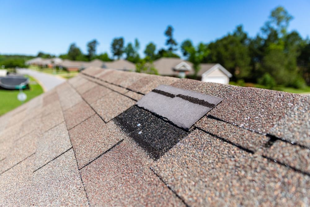 Close-up of a house roof showing damaged and missing asphalt shingles under clear blue sky, with other rooftops and trees visible in the background.